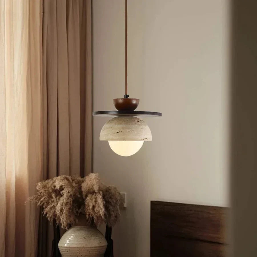 مصباح معلق LED زجاجي على شكل كرة من DecorBites™ لغرفة القهوة والمعيشة والطعام مع الخشب الطبيعي والحجر