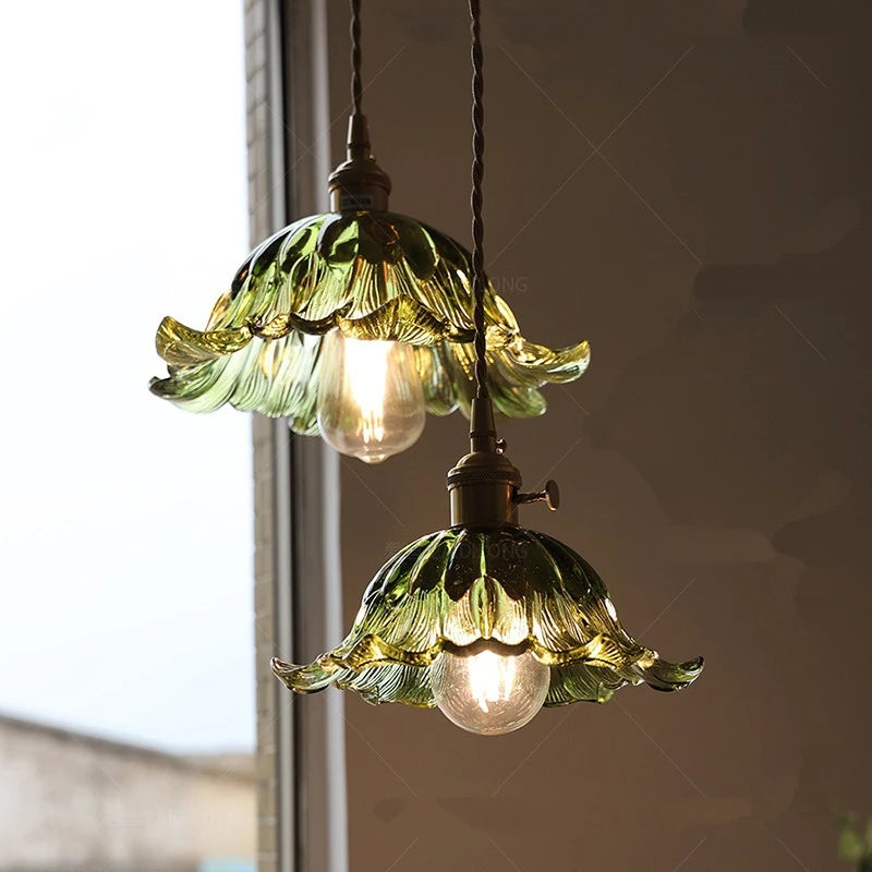 Nordic Flower Glass Pendant Light in Green or Champagne
