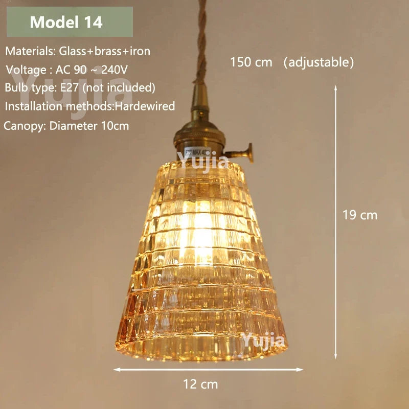 Vintage Amber Glass Pendant Light With Brass Detail