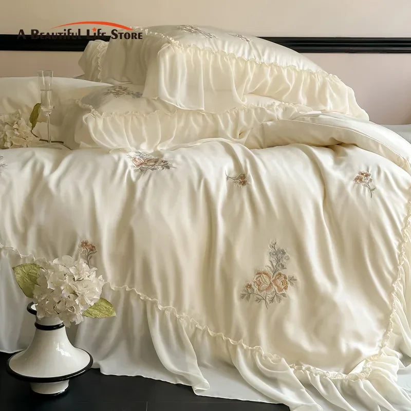 DecorBites™ Flowers Embroidery Lace Ruffles Bedding Set in Soft Lyocell Fabric