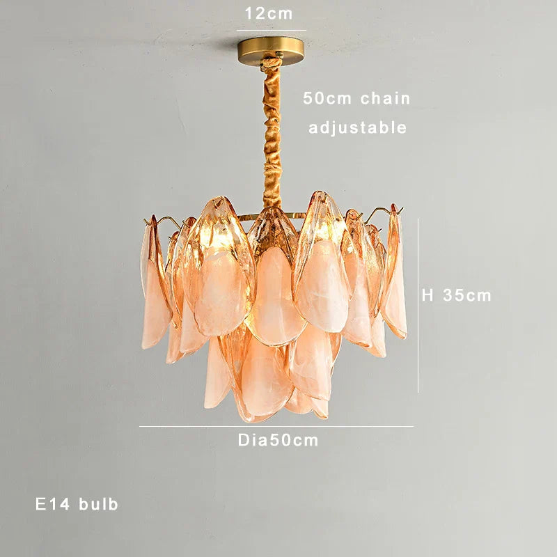 DecorBites™ ثريا متدلية بتصميم فرنسي فاخر ببتلات زجاجية كهرمانية وقابلة للتعتيم باللون الذهبي الكرومي