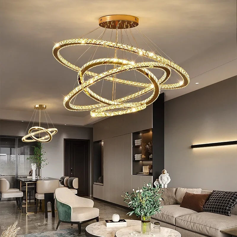 DecorBites™ Crystal LED Chandelier: Modern Chrome Lustre Ring Lighting Fixture for Living Room