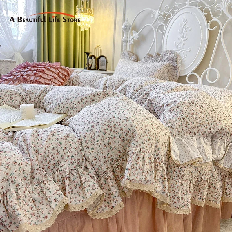 DecorBites™ Double Layer Lace Ruffles Floral Bedding Set with Duvet Cover, Bed Skirt, Pillows