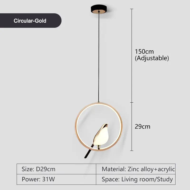 Rotatable Magpie Bird Metal Pendant Light in Gold or Silver