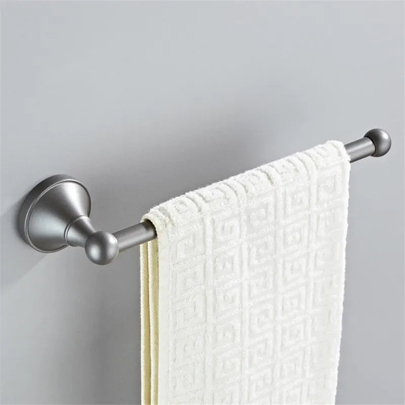 DecorBites™ Gray Bathroom Accessories Set: Towel Rack, Toilet Brush Holder, Shelf, Soap Dish
