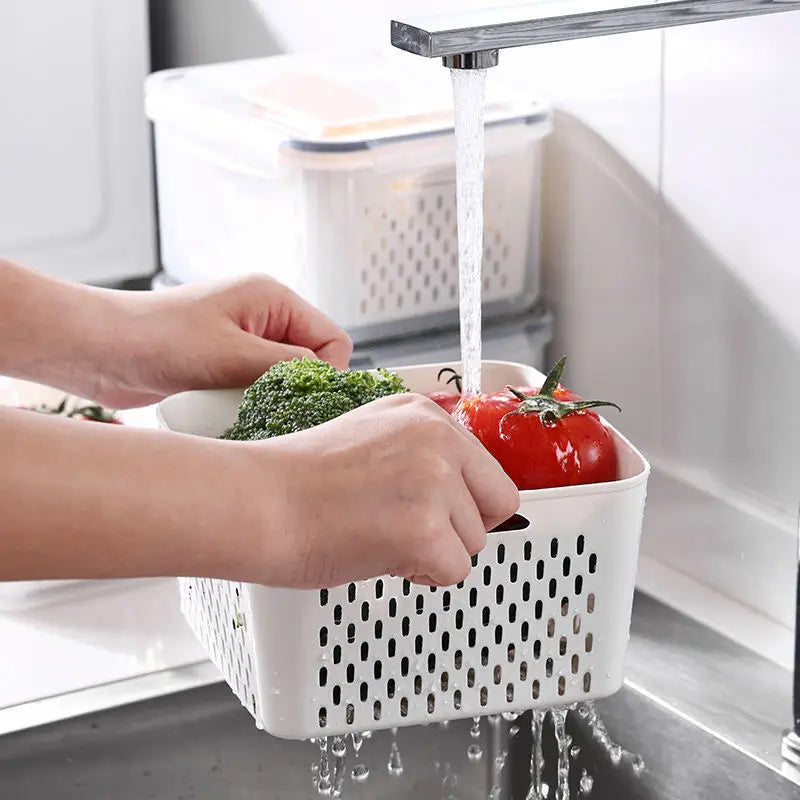 DecorBites™ Fridge Storage Containers with Drain Basket for Kitchen Organization