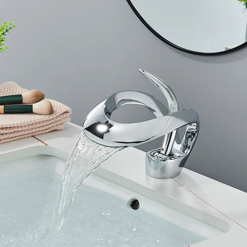 DecorBites™ Black Brass Waterfall Basin Faucet, Single Handle Deck Mount Vanity Tap