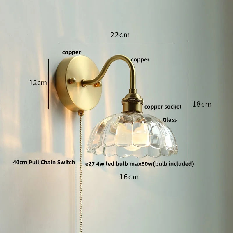 DecorBites™ Clear Glass LED Wall Sconce Pull Chain Switch Modern Copper Bedside Lamp