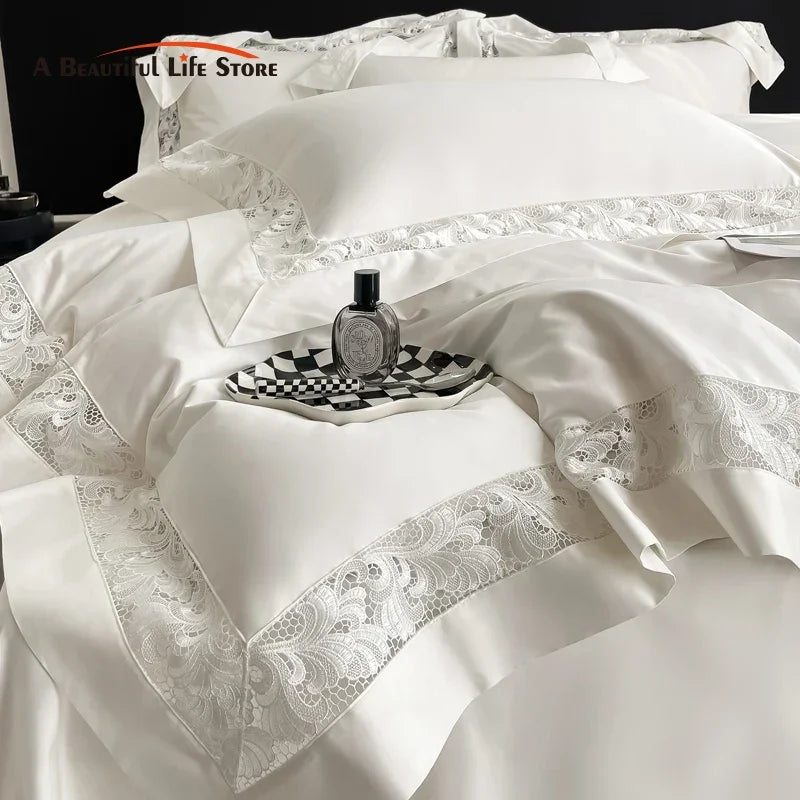 طقم مفروشات من 4 قطع بتصميم واسع مجوف من DecorBites™ مطرز بالدانتيل قطن مصري 1200TC