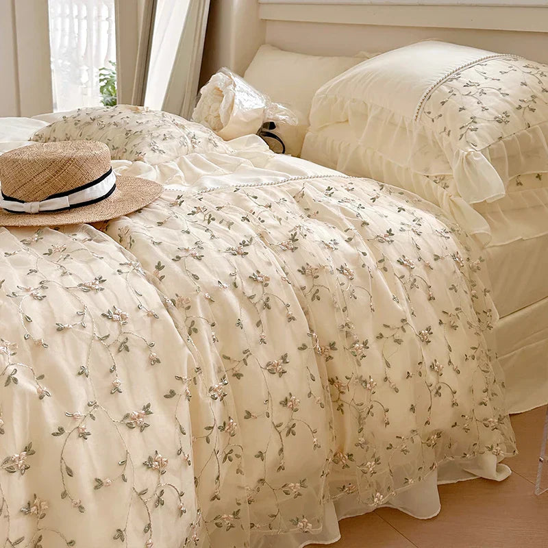 DecorBites™ French Princess Floral Lace Ruffles Bedding Set with Imitation Pearls