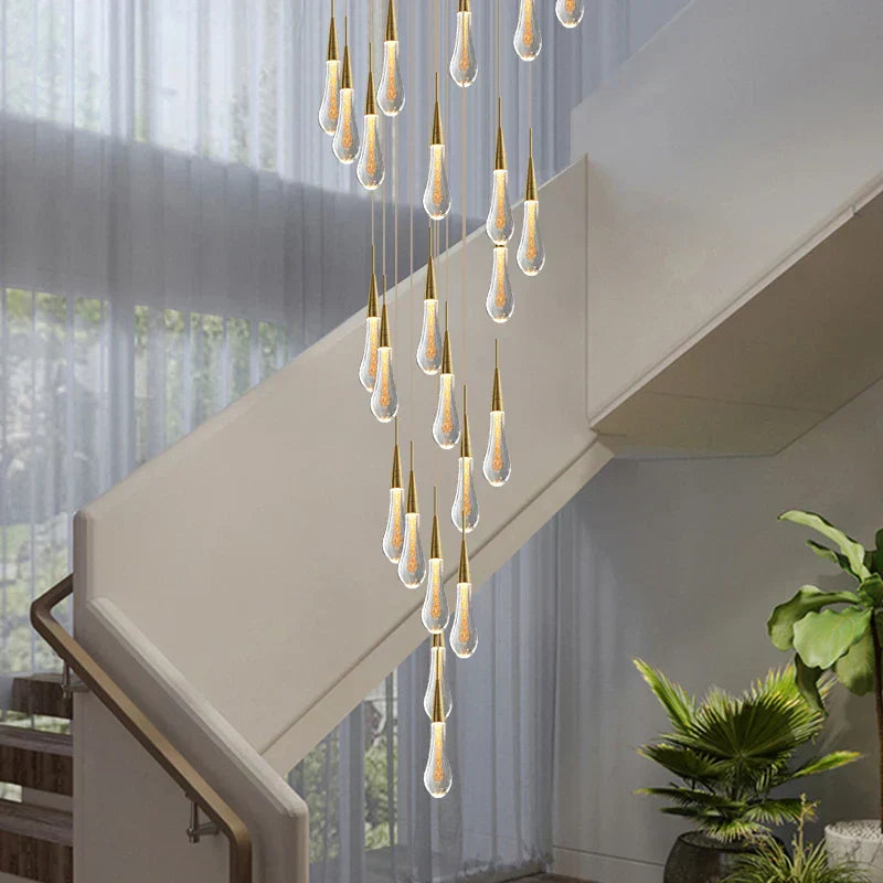 DecorBites™ Crystal Tear Drop Chandelier: Gold LED Pendant Light for Villa Staircase and Living Room