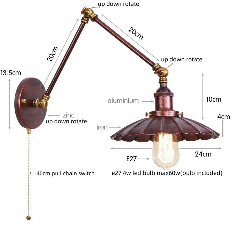 DecorBites™ Gold LED Industrial Wall Lamp with Pull Chain Switch