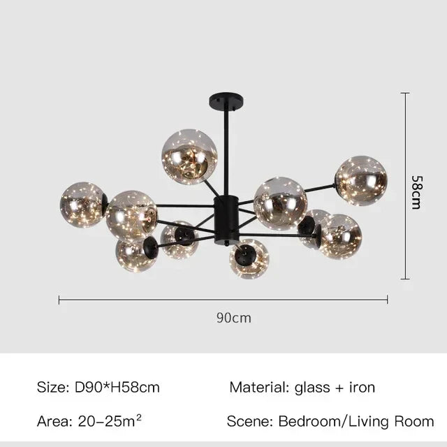 DecorBites™ Black Glass Ball LED Chandelier for Living Room, Bedroom - Dimmable Nordic Luxury Fixture