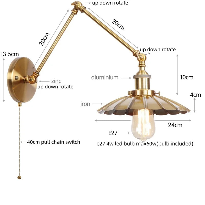 مصباح حائط DecorBites™ Gold Industrial LED مع مفتاح سحب بسلسلة لديكور المنزل