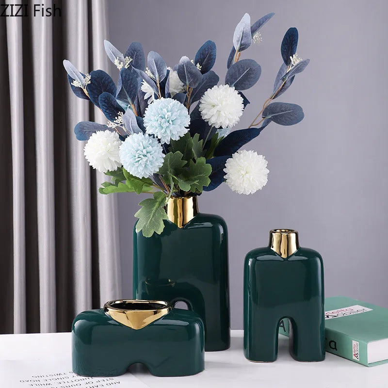 ديكور فازة سيراميك ذهبية DecorBites™ للمكتب، فازة غرف أنيقة بتصميم زهور صناعية