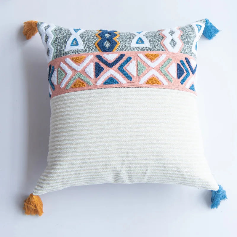 DecorBites™ Geometric Embroidered Cushion Cover with Tassels for Home Decor