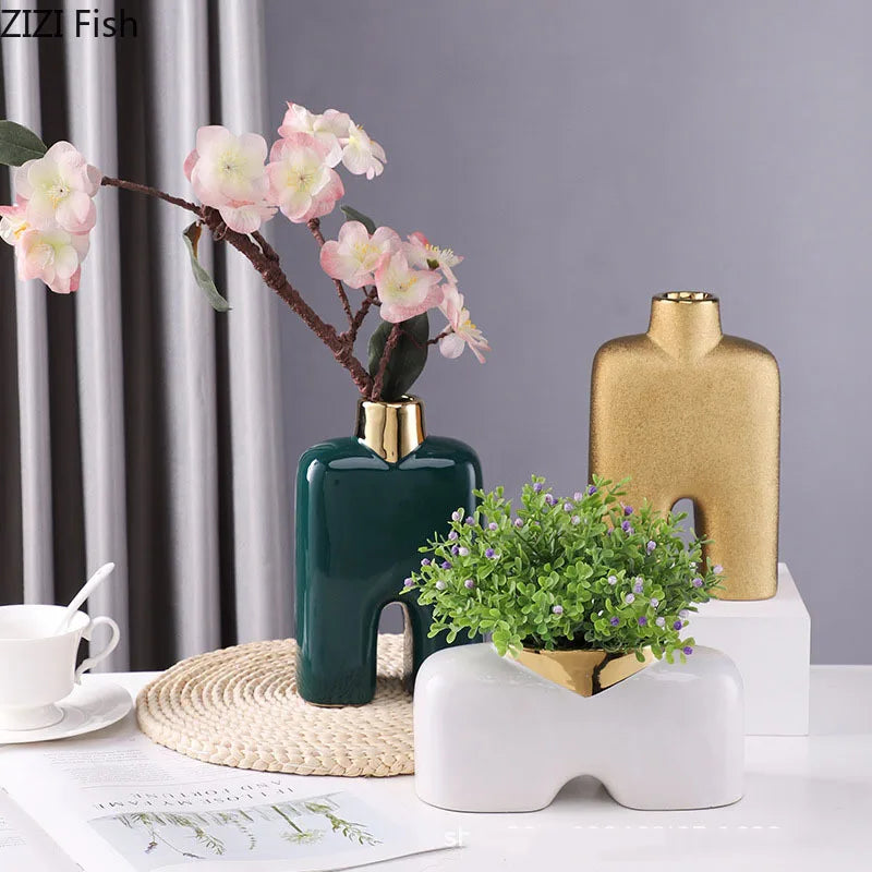 ديكور فازة سيراميك ذهبية DecorBites™ للمكتب، فازة غرف أنيقة بتصميم زهور صناعية