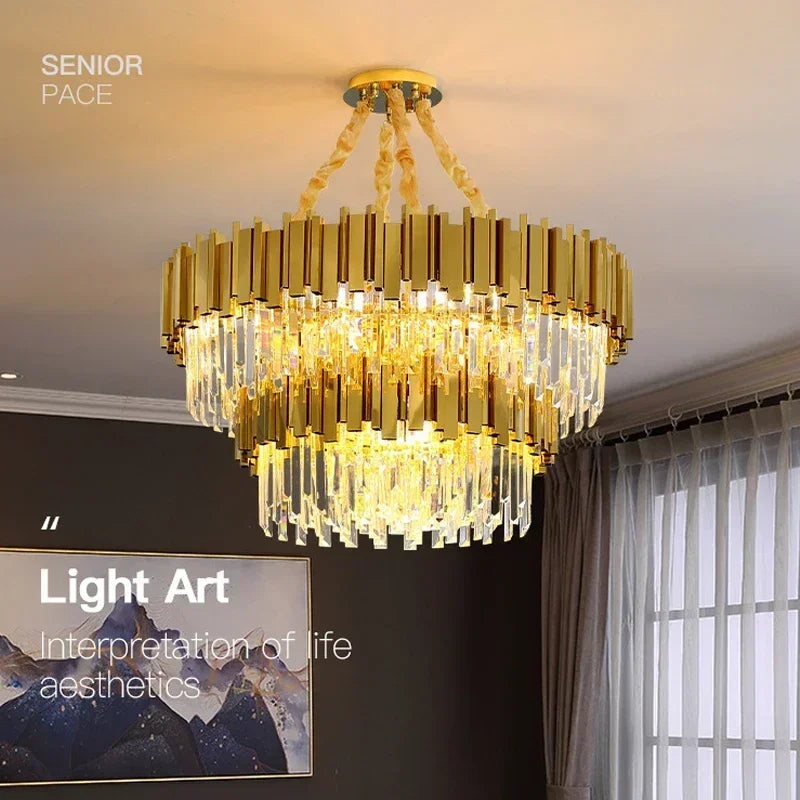 DecorBites™ Golden Luxury Chandelier: Elegant Crystal Ceiling Light for Hotel Living Room