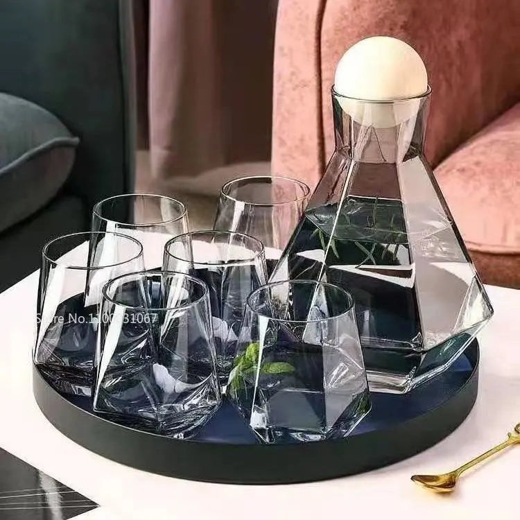 DecorBites™ Diamond Crystal Glass Water Kettle Cup Set - Clear Luxury Juice Pitcher