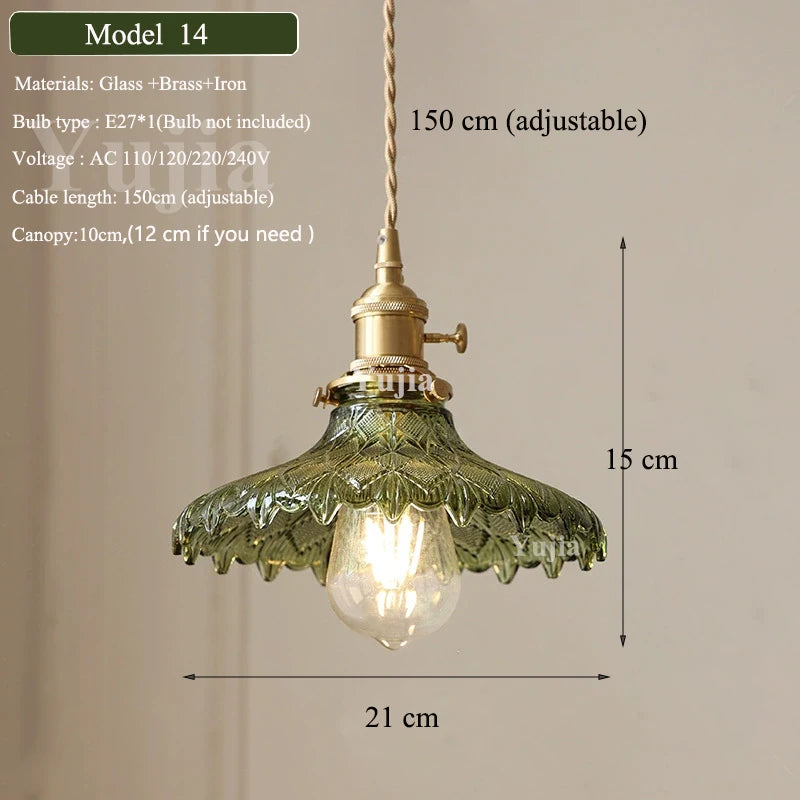 Vintage Green Glass Pendant Light With Brass Finish