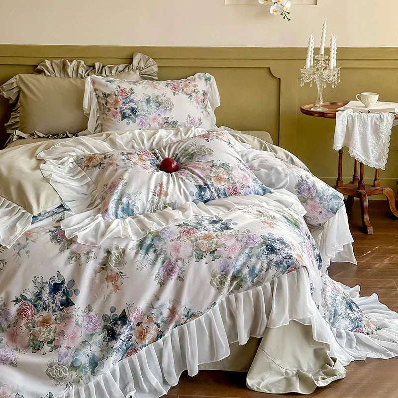 DecorBites™ French Flowers Lace Ruffles Princess Bedding Set with 1000TC Egyptian Cotton