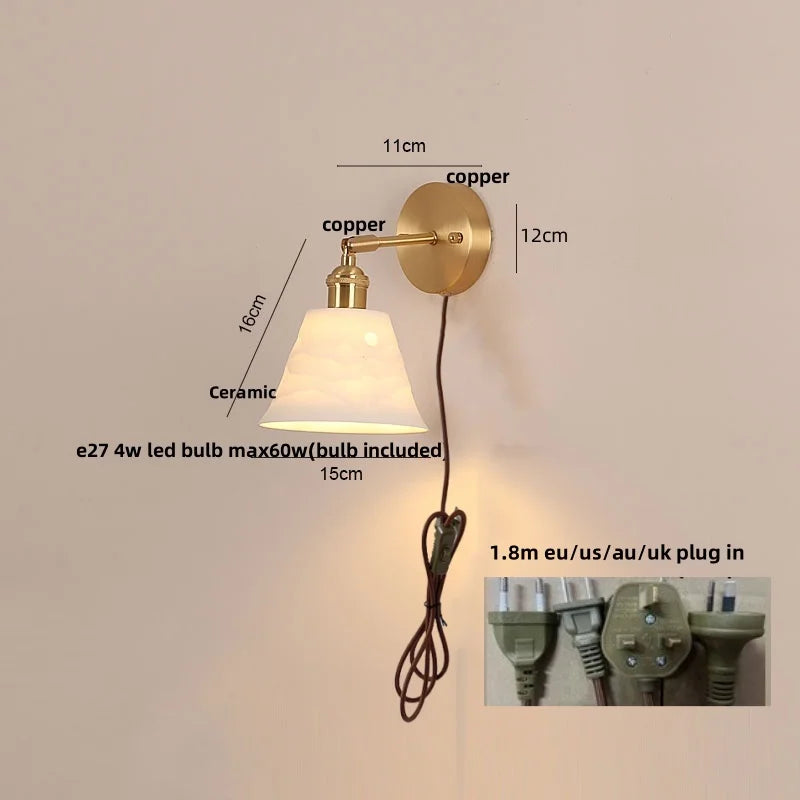 DecorBites™ Copper LED Wall Light Fixture Pull Chain Switch Simple Art Bedside Lamp