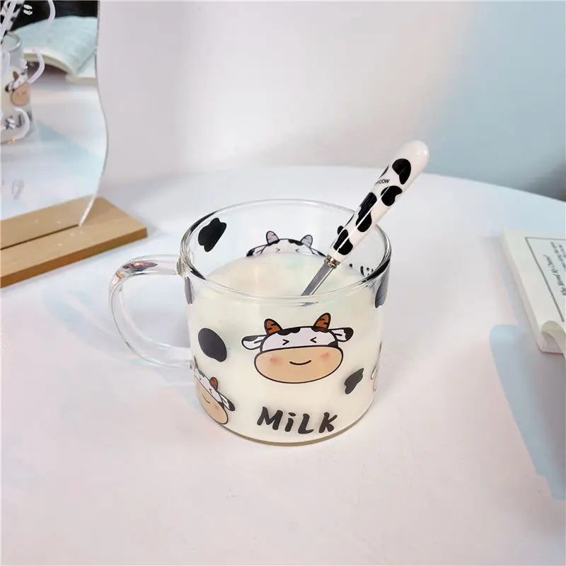 DecorBites™ 13.5oz Cow Pattern Glass Mug with Spoon Lid for Student Dormitory