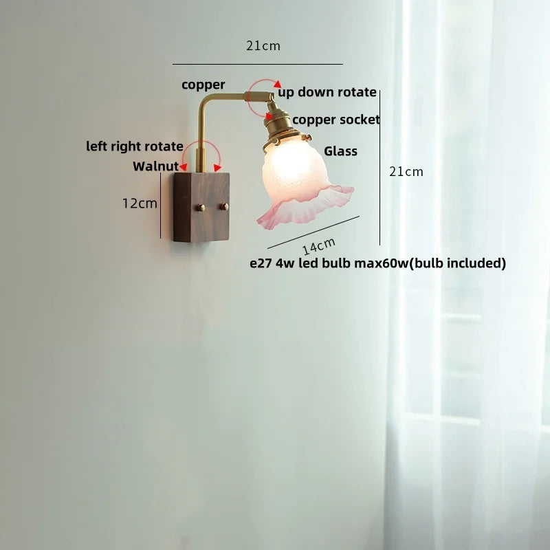 DecorBites™ Glass Pink LED Wall Sconce, Pull Chain Switch, Walnut Wood Bedside Lamp