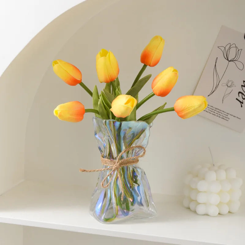 DecorBites™ مزهرية زجاجية شفافة مطوية بشكل غير منتظم، زينة يدوية، مزهريات زهور مائية