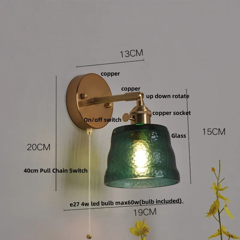 DecorBites™ Clear Glass LED Wall Sconce with Pull Chain Switch, Brass E27, Bedroom Reading Light