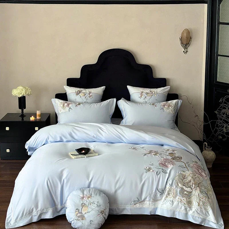 DecorBites™ 5-Piece Chinese Flowers Bird Embroidery Bedding Set, 1000TC Egyptian Cotton, Queen King