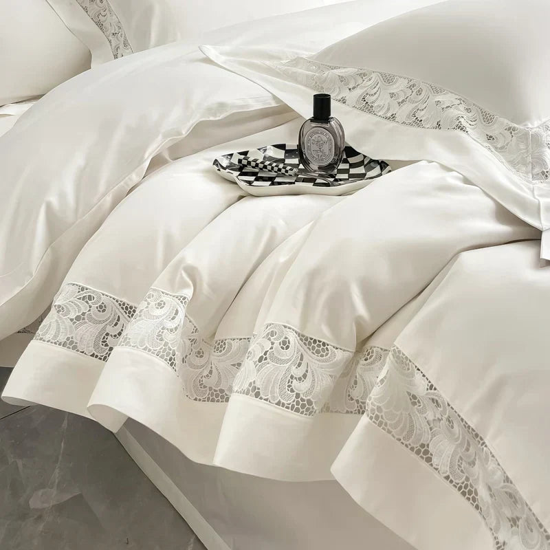 طقم مفروشات من 4 قطع بتصميم واسع مجوف من DecorBites™ مطرز بالدانتيل قطن مصري 1200TC