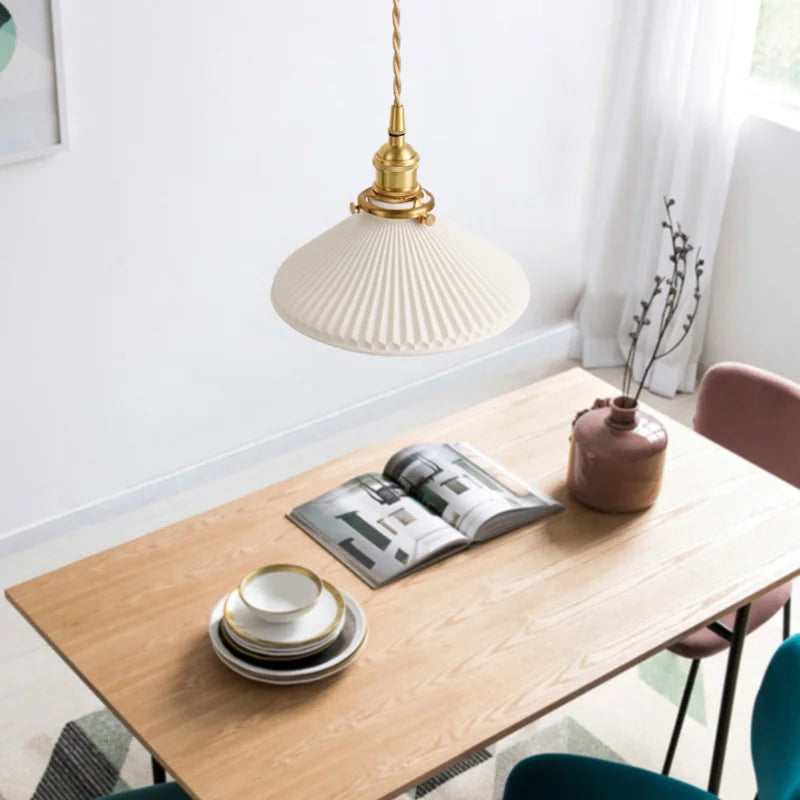 Japanese Ceramic Pendant Light in White and Bronze