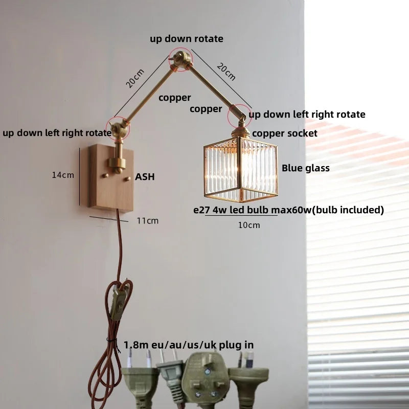 DecorBites™ Ash Wood LED Wall Lights Swing Arms Blue Glass Bedside Lamp