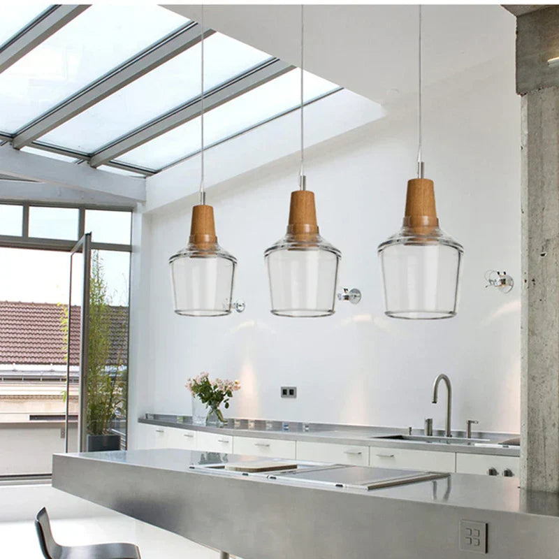 DecorBites™ Glass Lampshade Pendant Light, Wooden Hanging Suspension, Retro American Design