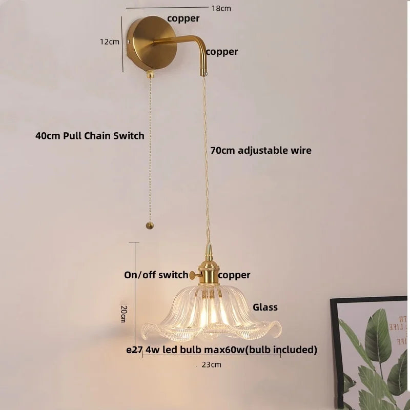 مصابيح جدارية نحاسية زجاجية DecorBites™ LED | مفتاح بسلسلة سحب | مصباح حمام قابل للتعديل