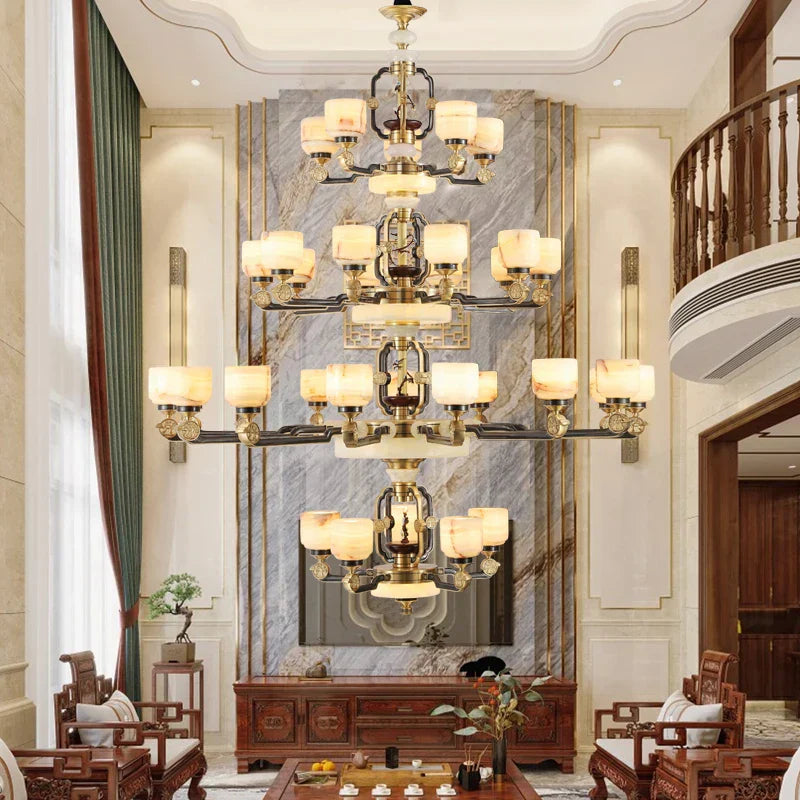 DecorBites™ Copper Jade Duplex Chandelier: Chinese Villa Hall Lighting for Hotel Lobby & Living Room