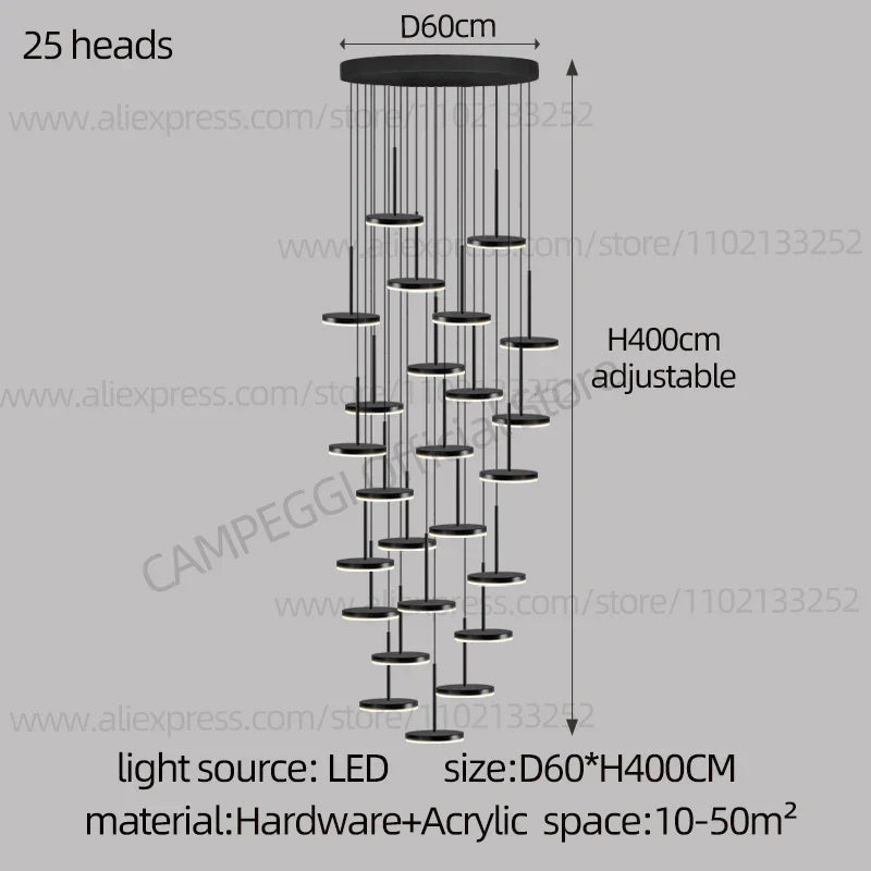 DecorBites™ Golden Black LED Long Chandelier for Home, Restaurant, and Cafe