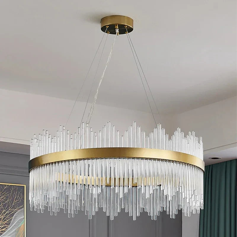 ثريا كريستال دائرية ذهبية DecorBites™ LED: إضاءة منزلية معلقة أنيقة لغرفة المعيشة وغرفة النوم والمطبخ