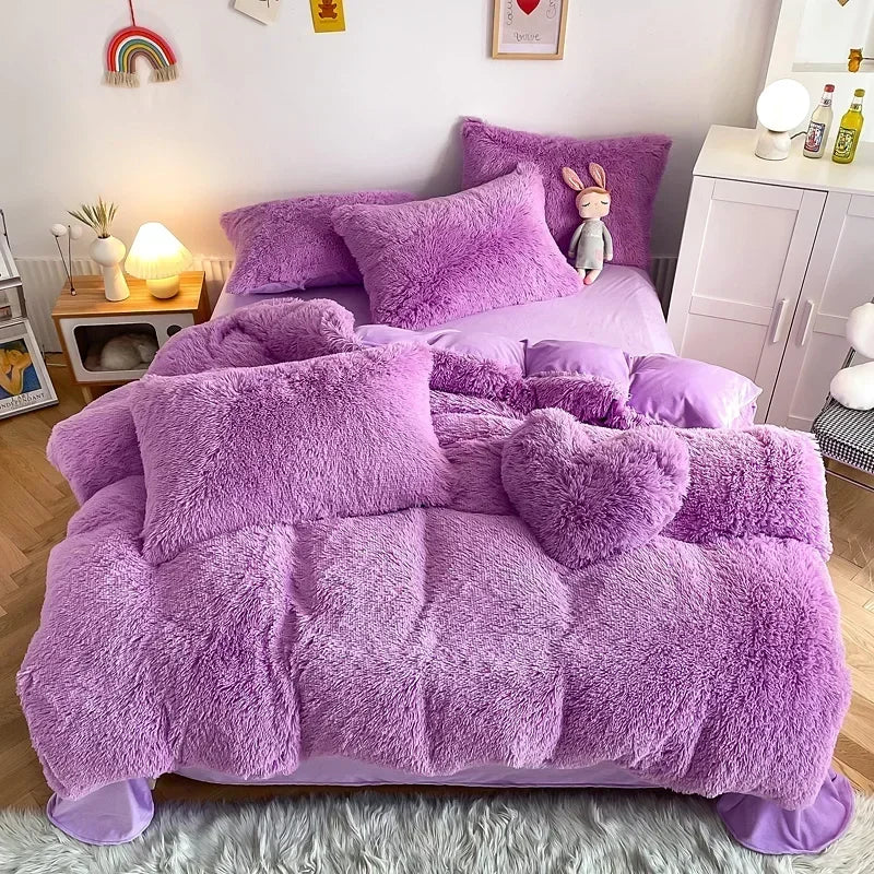 DecorBites™ Fluffy Faux Fur Bedding Set: Duvet Cover, Sheet, Pillowcase - Soft & Warm