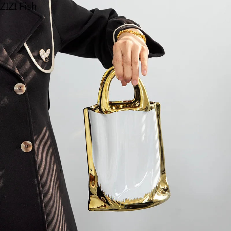 DecorBites™ Golden Handbag Ceramic Vase for Stunning Flower Arrangements