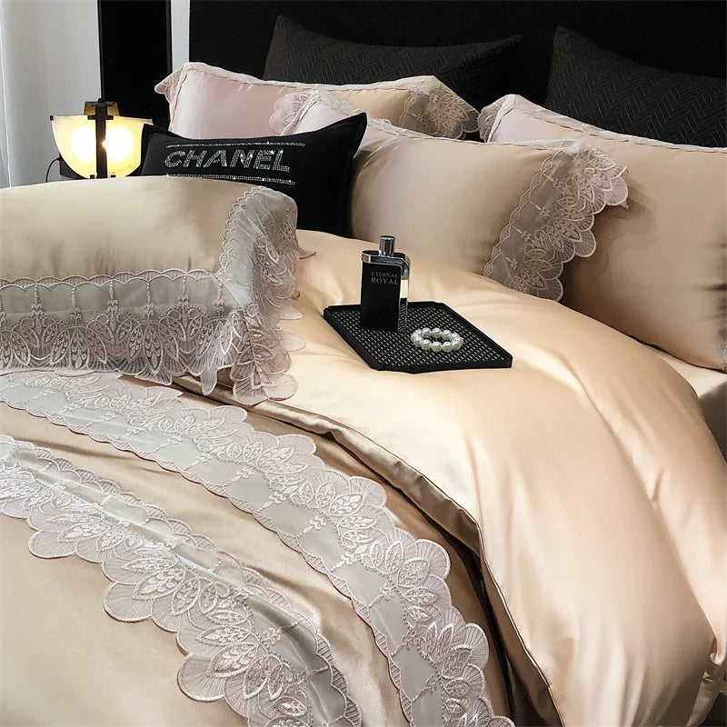 طقم ملاءات سرير فاخر من الدانتيل المرقع من الحرير والقطن DecorBites™ مقاس كوين وكينج