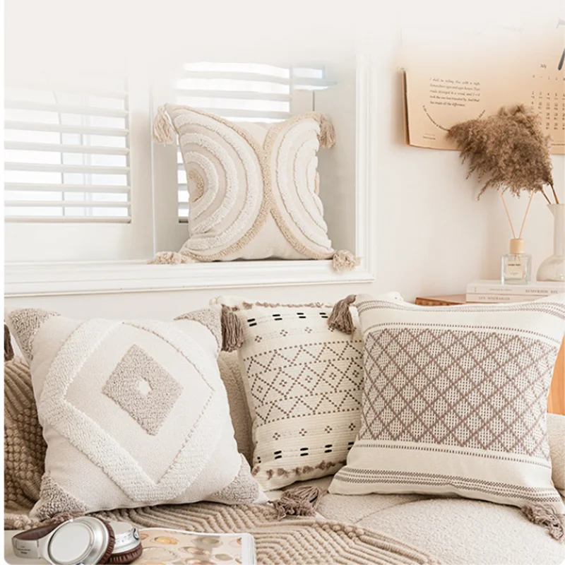 DecorBites™ Geometric Tufted Beige Gray Cushion Cover Nordic Style for Modern Decor