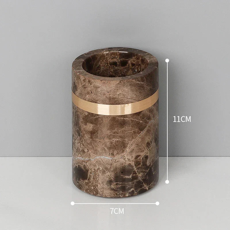 DecorBites™ Emperador Dark Marble Bathroom Set: Toothbrush Holder, Soap Dispenser, Luxury Accessories
