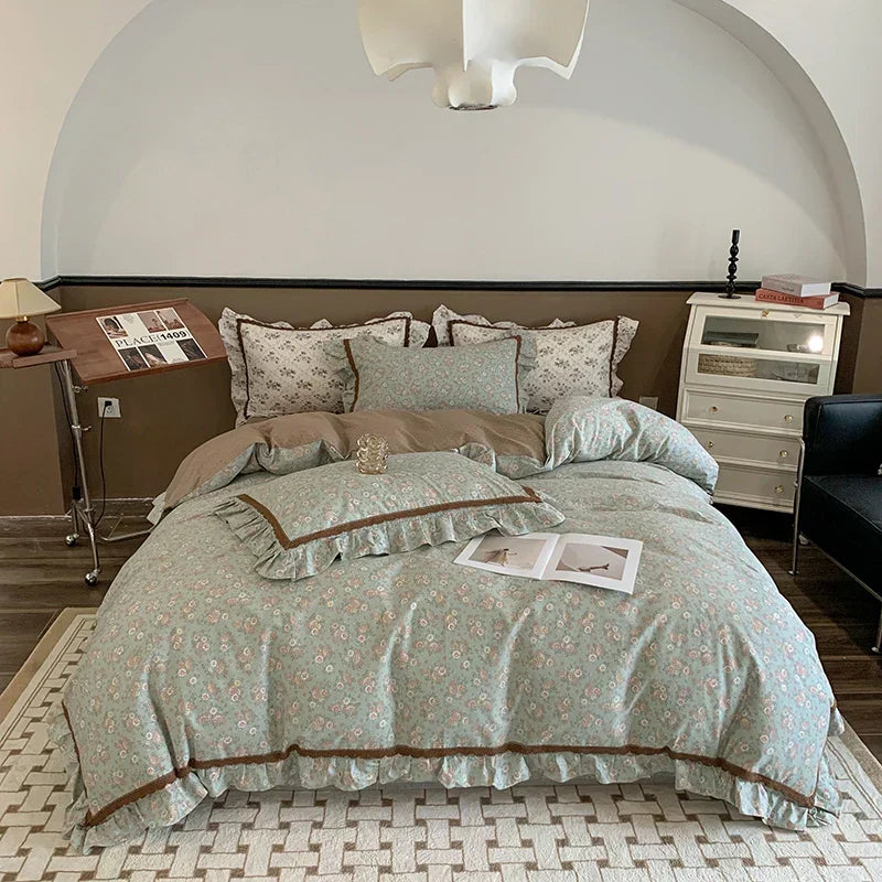 DecorBites™ French Floral Bedding Set, 100% Cotton, Ruffles, Duvet Cover, Bed Sheet, Pillowcases