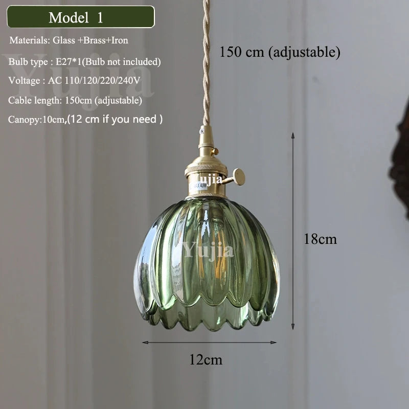 Vintage Green Glass Pendant Light With Brass Finish