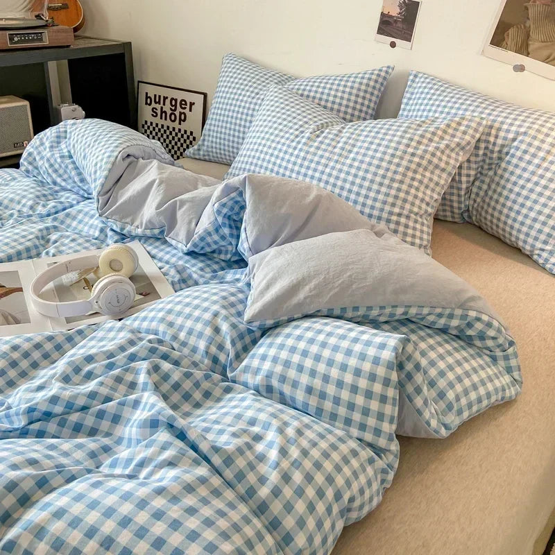 طقم غطاء لحاف بنمط ياباني كاروهات من DecorBites™ - غطاء لحاف ومخدة مغسولان وناعمين