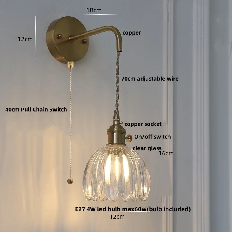 DecorBites™ LED Wall Lights Modern Nordic Pull Chain Glass Bedroom Lamp
