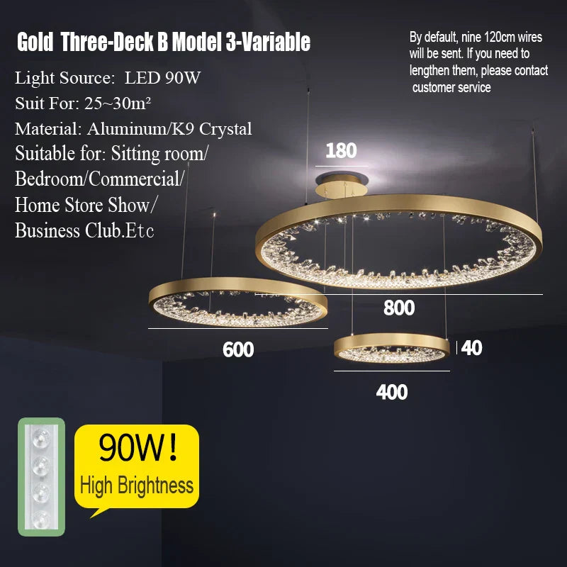 DecorBites™ Crystal Led Chandelier: Modern Luxury K9 Ring Dimmable Circle Hanging Lamp - Bedroom Living Dining Room Lighting