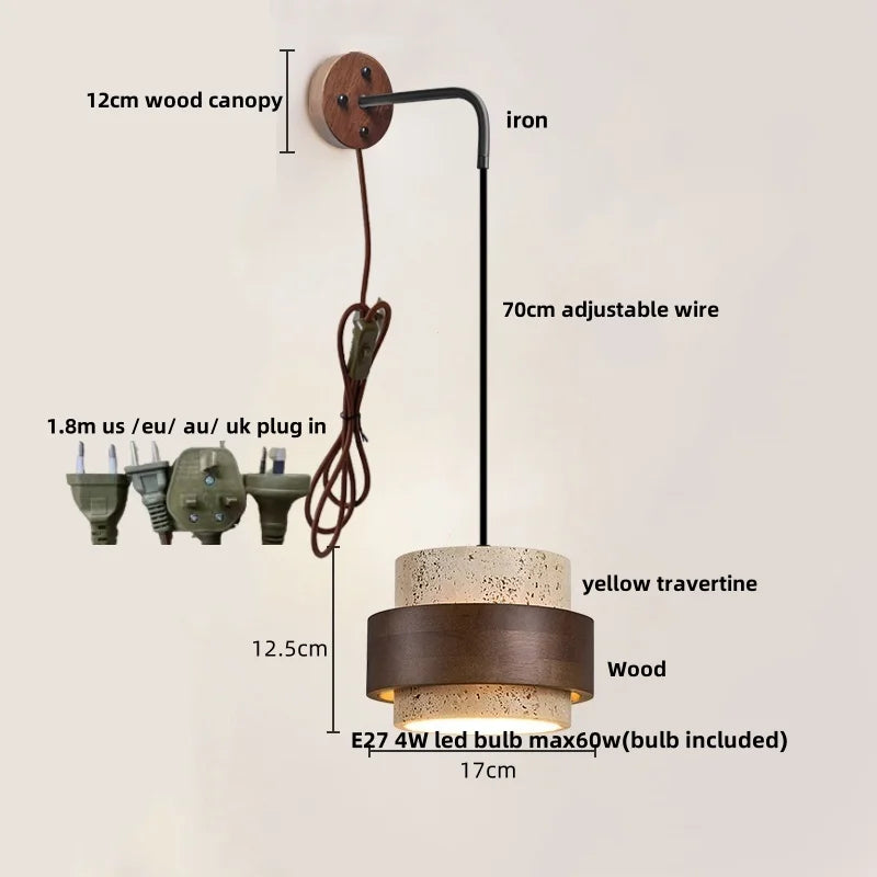 DecorBites™ Copper Wood LED Wall Sconce Yellow Travertine Stone Bedside Light
